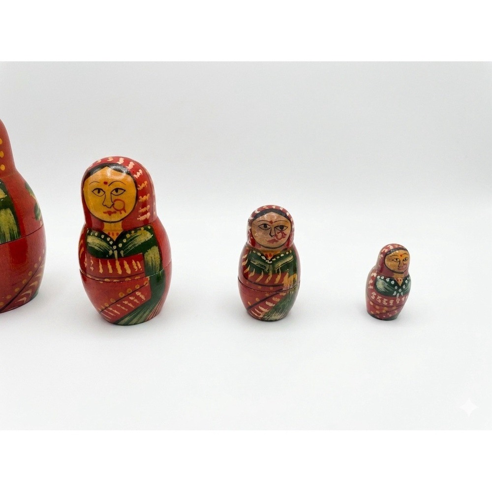 Vintage Nesting Dolls Vintage Indian Matryoshka Hand Painted Wood Stacking Set - Picture 3 of 9